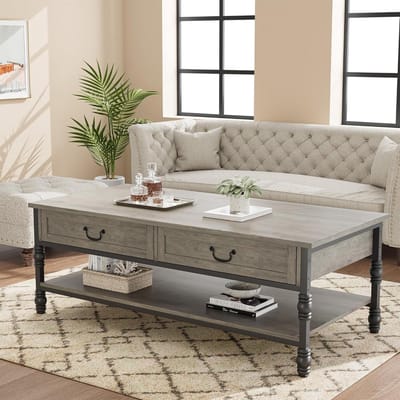 Salontafel met Lades en Open Vakken - Vintage & Industrieel Design - Grijze Houtlook met Metaal - 104 x 56 x 46 cm