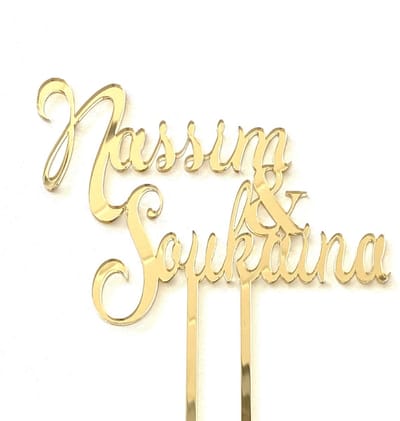 Cake topper | Taartdecoratie | Taarttopper | Taart topper | Taartversiering | Huwelijk | Bruiloft | 2 namen | Acryl Goud | 14 cm breed