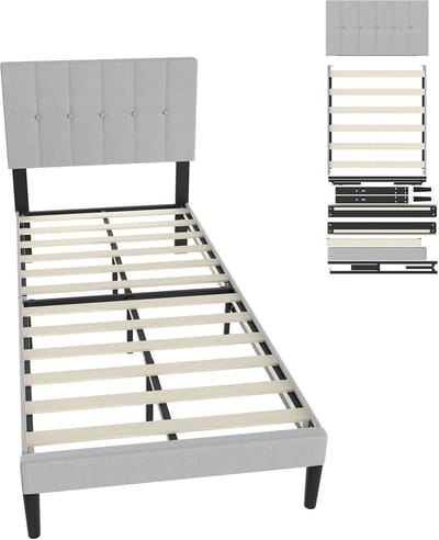 Gestoffeerd bedframe - Platformbed met hoofdbord - Slaapkamerinrichting - Ademend linnen - 90 x 200 cm - Lichtgrijs