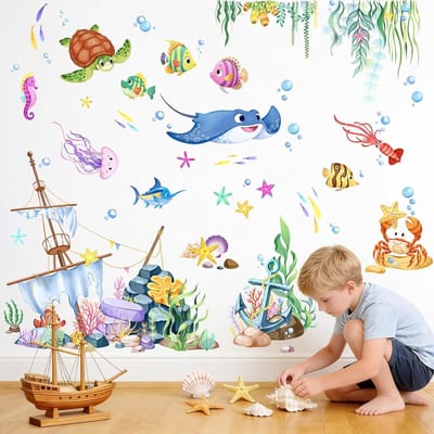 Onderwater oceaan muurstickers met vissen, zeegras en zeeschildpadden voor kinderkamers en babykamers, decoratie voor woonkamer en speelruimte