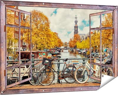Gards Tuinposter Doorkijk Amsterdamse Brug bij een Brug met Fietsen - 150x100 cm - Tuindoek - Tuindecoratie - Wanddecoratie buiten - Tuinschilderij