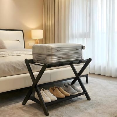 Bamboe Kofferstandaard opvouwbaar – Kofferrek met opbergvak en Nylon Riemen, Stevig X-Frame Kofferdrager voor Gastenkamer, Slaapkamer, Woonkamer, Hotel, Belastbaar tot 50 kg