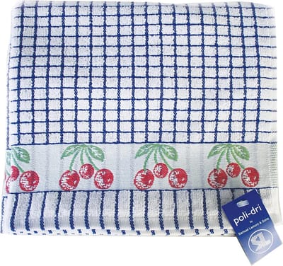 Ultra-Absorberende en Zachte Jacquard Theedoek - 50x70 cm, 100% Katoen, Machinewasbaar - Blauw met Kersen