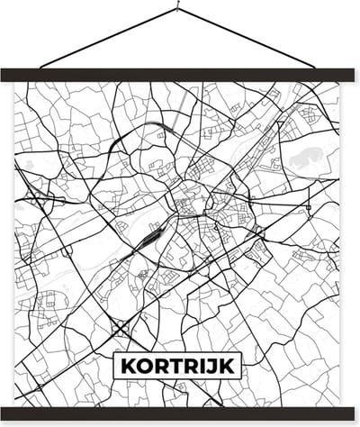 Posterhanger incl. Poster 60x60 cm - Schoolplaat - België – Kortrijk – Stadskaart – Kaart – Zwart Wit – Plattegrond - Textielposter - Zwarte latten - Stadskaart