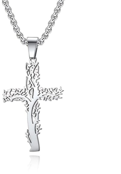 VANDAAG VERZONDEN - Ketting Kruis Boom - Cor Sinho® - Kruis 5cm - Christelijk - Zilver Staal Diamant - Hanger - Sieraad - Religieus Cadeau Unisex