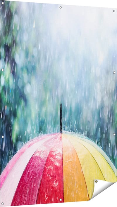 Gards Tuinposter Regenboog Paraplu met Regen - 100x150 cm - Tuindoek - Tuindecoratie - Wanddecoratie buiten - Tuinschilderij