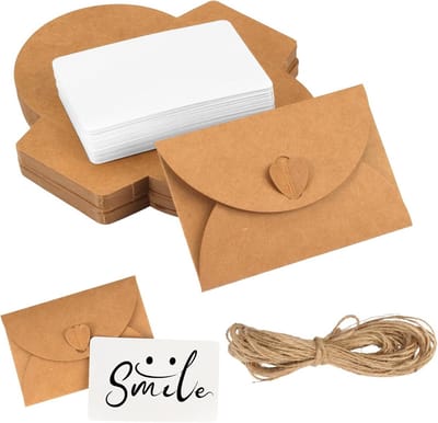 50 Mini Enveloppen Kraftpapier Hartsluiting met 50 Blanco Kaartjes - Vintage Set