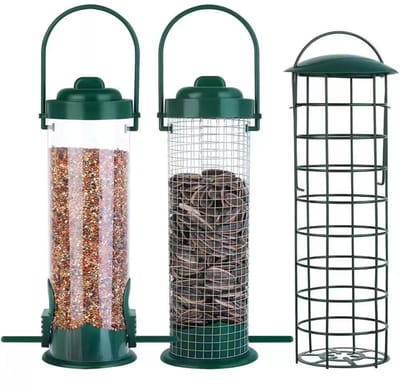 Vogelvoederhuisje op paal-vogelvoederhuisje-Driedelige vogelvoederset voor buiten - weerbestendige decoratie voor balkon - boomvoeder met veiligheidsketting voor veilig ophangen - tuindecoratie - groen-29x14x6.5cm