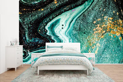 Behang - Fotobehang Marmerlook - Blauw - Goud - Glitter - Luxe - Marmer - Breedte 400 cm x hoogte 240 cm