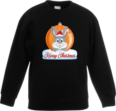 Kersttrui Merry Christmas konijn kerstbal zwart jongens en meisjes - Kerstruien kind 98/104