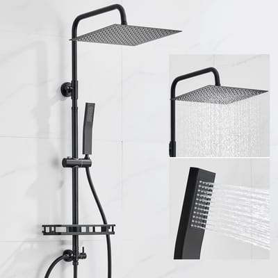 Auralum Max Regendouche - Doucheset Zwart - 12 inch Douchekop - Met Plankje - Verstelbare Hoogte 72-110 cm - Vierkant Design - Duurzame Messing Omsteller voor Badkamer - Zwart