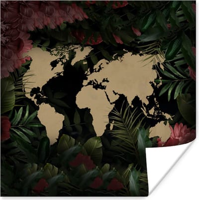 Poster 30x30 cm - Wereldkaart - Planten - Bloemen - Posters - Kamer decoratie - Wanddecoratie woonkamer - Muurdecoratie slaapkamer
