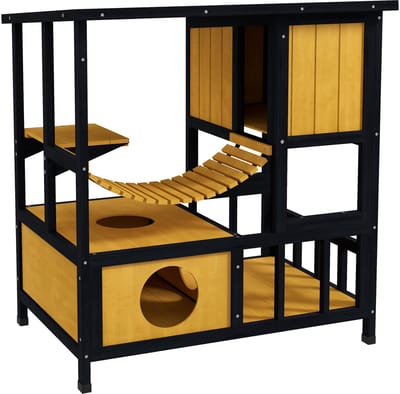 PawHut Kattenhuis van Hout - 61x45x36,5 cm - Kattenhuis met Hangen Brugdak - Geel