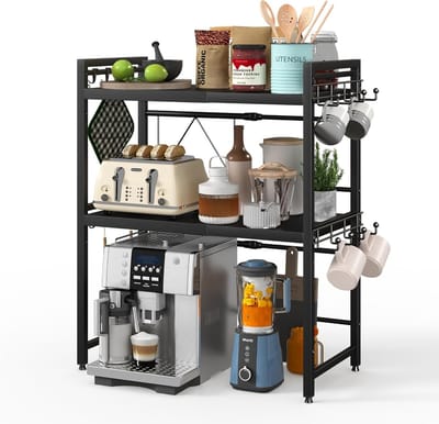 Uitbreidbaar Magnetronrek met 3 Niveaus, Ruimtebesparend Keukenrek met 8 Haken en Bekerhouder, Ideaal voor Airfryer en Keukenorganisatie