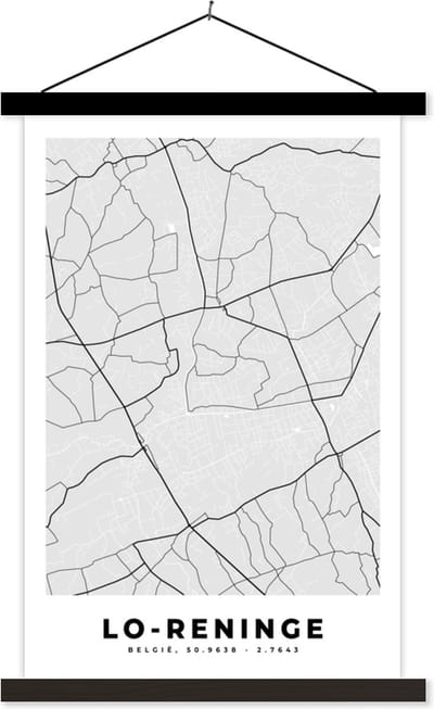 Posterhanger incl. Poster 40x60 cm - Schoolplaat - Stadskaart – Zwart Wit - Kaart – Lo Reninge – België – Plattegrond - Textielposter - Zwarte latten - Stadskaart