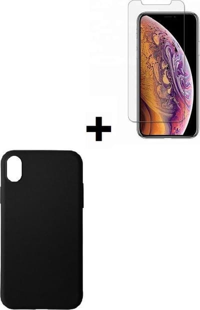 Geschikt voor iPhone X Hoesje Silconen - X Screenprotector - Xs Hoesje Zwart + Screen Protector Tempered Gehard Glas / Glazen