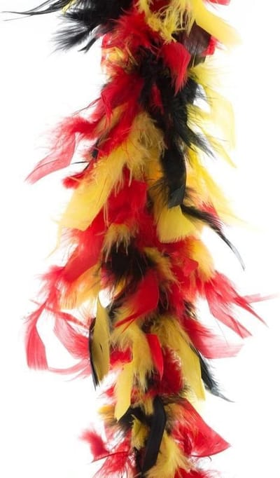 Carnaval verkleed veren boa - zwart/rood/geel - 200 cm - dames - 50 grams - Duitse/Belgische vlag kleuren