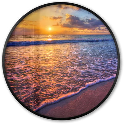 Poster in lijst Rond - Fotolijst 60x60 cm - Posters - Zee - Strand - Zonsondergang - Wolken - Horizon - Ronde posterlijst zwart - Decoratie - Wanddecoratie woonkamer - Muurdecoratie slaapkamer