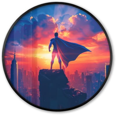 Poster in lijst Rond - Fotolijst 60x60 cm - Posters - Superheld - Stad - Jongens - Kleurrijk - Zon - Ronde posterlijst zwart - Decoratie - Wanddecoratie woonkamer - Muurdecoratie slaapkamer