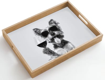 Dienblad hout 50x35 cm - Schootdienblad - Hondje - Wijnglas - Zonnebril - Enthousiast - Borrelplank rechthoek - Plateau dienbladen