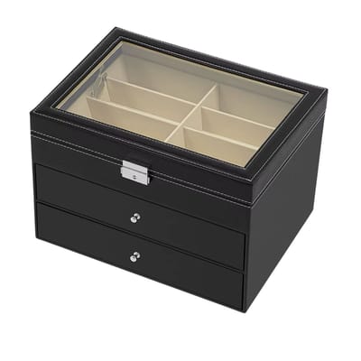 Zonnebrillenorganizer (3-laags) – Voor het opbergen en presenteren van zonnebrillen voor dames en heren – brillen etalage en opbergdoos voor georganiseerd bewaren – transparant, zwart en grijs – kunststof/acryl