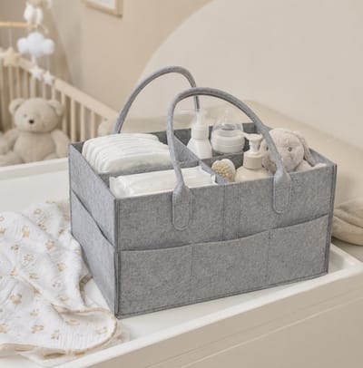 Luierorganizer voor baby's - Luiertas - Draagbare opbergmand - Voor vochtige doekjes en babyartikelen - Met gescheiden vakken -31,8D x 16B x 25,4H - Grijs