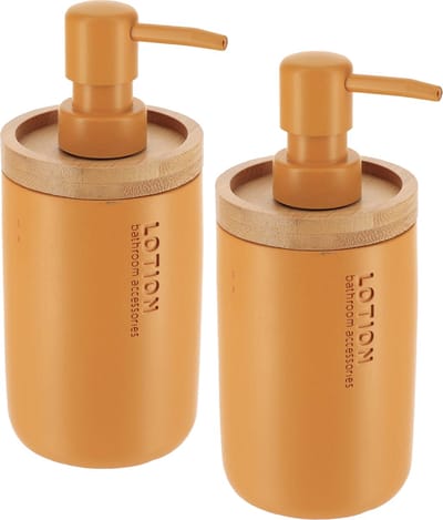 Tendance Zeeppompje 102 series - 2x - mosterdgeel - bamboe rand - PS - D7,5 x H17 cm - vrijstaand - zeepdispenser - 230 ml