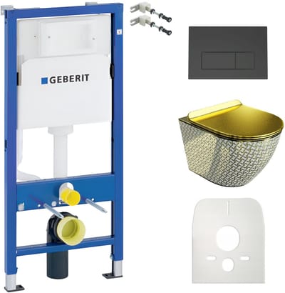 GEBERIT DUOFIX SOFI SLIM GOLDEN NEVER DIE - Inbouwreservoir - Zwarte Delta plaat - Goud-wit wandcloset - Toiletset