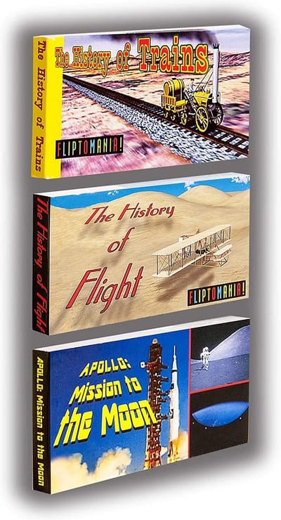 Set van 3 Flipboeken: Vliegtuigen, Treinen en Raketten - Volg de Geschiedenis in een Minuut