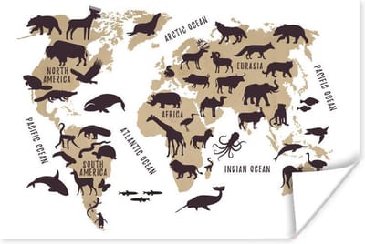 Poster 30x20 cm - Wereldkaart - Bruin - Dieren - Posters - Kamer decoratie - Wanddecoratie woonkamer - Muurdecoratie slaapkamer