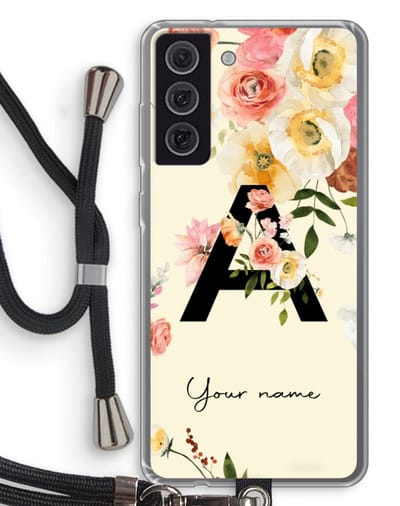 Gepersonaliseerd - Case Company® - Hoesje met koord geschikt voor Samsung Galaxy S21 FE hoesje met Koord - Flirty Flowers Monogram - Telefoonhoesje met Zwart Koord - Bescherming aan alle Kanten en Over de Schermrand