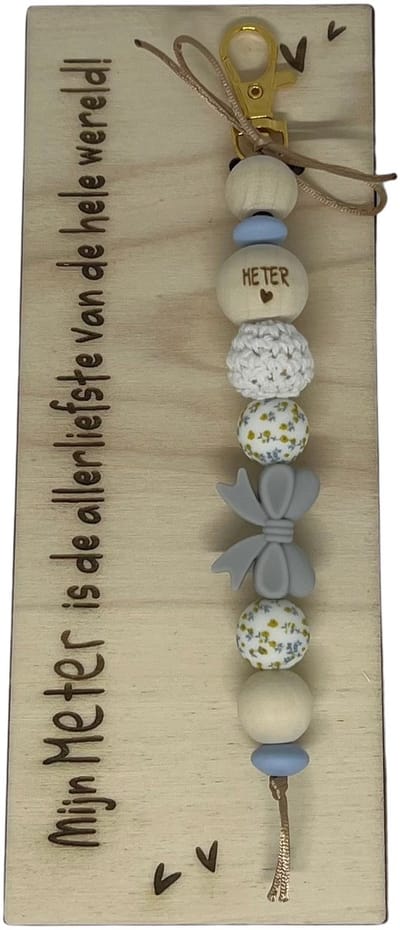 Sleutelhanger en houten kaartje liefste Meter | GRIJS | STRIK | jij bent de liefste | liefste meter | coolste peter | cadeau