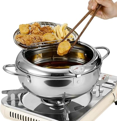 Diepvriespan, 304 roestvrijstalen mini-frituurpan met Fahrenheit-thermometer en olie-afvoerraak, frituurpan met deksel, Japanse-stijl tempura-frituurpan voor tempura-chips, vis en kip