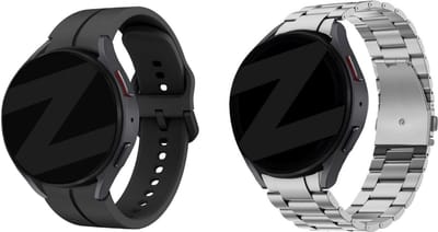 Bandz Bundel – siliconen bandje ‘Extreme’ zwart + zilveren titanium schakelband – geschikt voor Samsung Galaxy Watch 7 / 6 / 5 / 4 / Watch FE (40mm & 44mm / Classic / Pro)