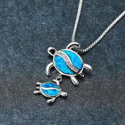 Collier avec Pendentifs Maman et Bébé Tortue Mignons Pierre Opale Bleue Colliers Animaux Pour Femmes Chaîne en Argent Sterling 925 Collier de Mariage gray