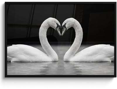 Poster in lijst - Fotolijst 120x80 cm - Posters - Zwanen - Hart - Zwart - Wit - Posterlijst zwart - Decoratie - Wanddecoratie woonkamer - Muurdecoratie slaapkamer