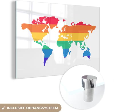 ® Glasschilderij 90x60 cm - Schilderij acrylglas - Wereldkaart - Pride vlag - Regenboog - Foto op glas - Muurdecoratie woonkamer - Wanddecoratie slaapkamer - Schilderijen