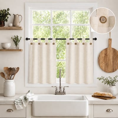 Qelus 2 Stuks Tab Top Cafégordijnen - Linnenmix Korte Gordijnen - 61x61cm - Keukengordijn - knopen - lichtfilterend - 5% linnen - voor keuken - RV - Naturel