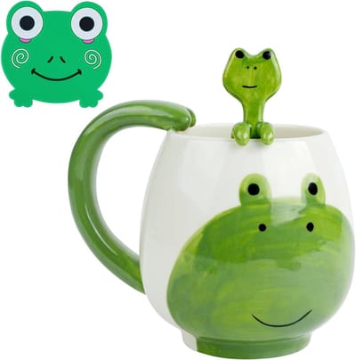 Schattige keramische koffiemok van 400ml met lepel en kikker onderzetters, perfect als cadeau voor koffie- en theeliefhebbers, ideaal voor verjaardagen en feestdagen