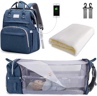 Famanu - Luiertas Rugzak, Luiertas met Grote Capaciteit, Draagbare Reisluiertas met Opvouwbaar Bed, Babybedrugzak (Marineblauw)