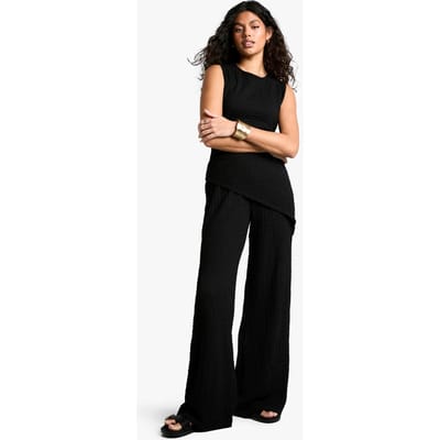 boohoo Dames Textured Asym Hem Mouwloze Top & Broek Co-ord | Black | Maat: 6