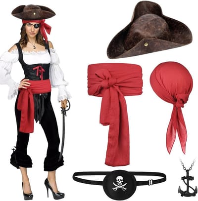 Piratenkostuum Accessoire Set met Bandana, Sjerp, Ooglapje en Anker Hanger voor Halloween en Verkleedfeestjes met Middeleeuwse Elementen