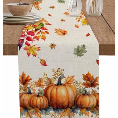 Herfst Oranje Pompoenen Linnen Tafelkleed Thanksgiving Decoraties Retro Herfst Esdoornbladeren Tafelkleden Herbruikbare Tafeldecoratie 150x33cm beige