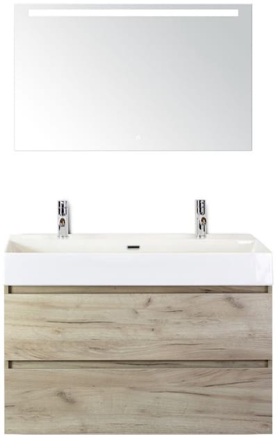 Maxx XL Badmeubelset 100 cm - Craft Oak - Wastafel Kube 2 Kraangaten met Sence Spiegel