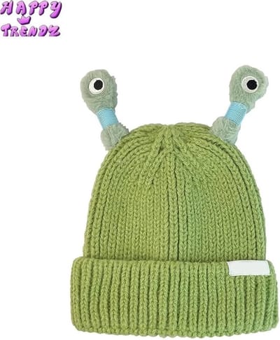 Happy Trendz® Grappige Kleine Monster Beany Muts Hat - Gebreide Muts Mint Groen met ogen - Schattig Voor Volwassenen en Kinderen met poptubes light ogen - funny alien muts - Handmade - monstermuts - feesten - party - night light - funny - Feesten -