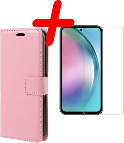 Hoesje Met Screenprotector - Geschikt voor Samsung Galaxy A54 - Luxe Pasjeshouder - Bookcase Portemonee - Flip Case - Kunstleer Book Case - Flipcase - Book Cover - Walletcase - Portemonneehoes - Lichtroze