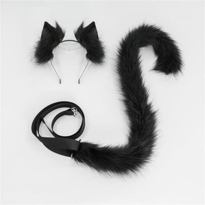 2 stuks/set Pluche Kattenoren Staart Set Realistisch Lolita Hoofdband Kattenstaart Cosplay Accessoires Handgemaakte Simulatie Dierenoortjes ear and tail black