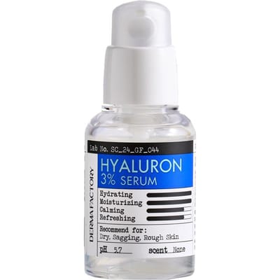 Derma Factory Hyaluron 3% Serum 30ml – Laag Moleculair Hyaluronzuur, Diepe Hydratatie & Verzachtende Vochtigheidsverzorging, Koreaans white