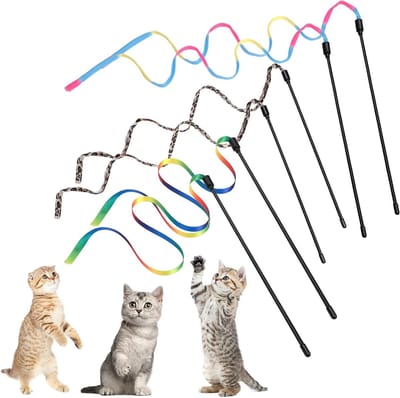Set van 6 Interactieve Kattenstokjes van 30 cm met 60 cm Regenboog Touw en Luipaardpatroon voor Speelse Katten