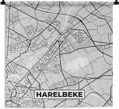 Wandkleed - Wanddoek - België – Harelbeke – Stadskaart – Kaart – Zwart Wit – Plattegrond - 180x180 cm - Wandtapijt